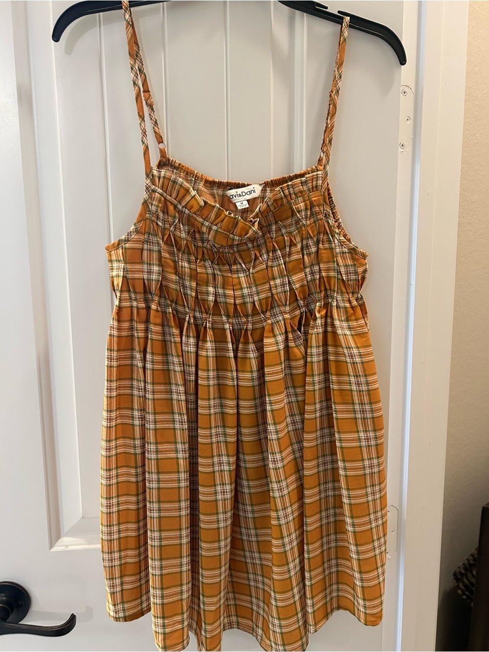 Mustard Plaid Smocked Sundress with Spaghetti Straps